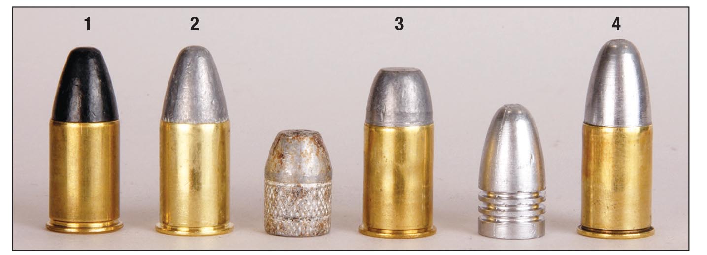 These .455 Webley loads include a (1) Fiocchi 262-grain factory load, (2) Hornady 265-grain factory load, (3) handload with a Hornady 255-grain swaged bullet and (4) a factory load with a 265-grain cast bullet from a special order RCBS mould.